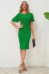 Slit Round Neck Flutter Sleeve Dress Mid Green Cocktail Dresses - Tophatter Daily Deals