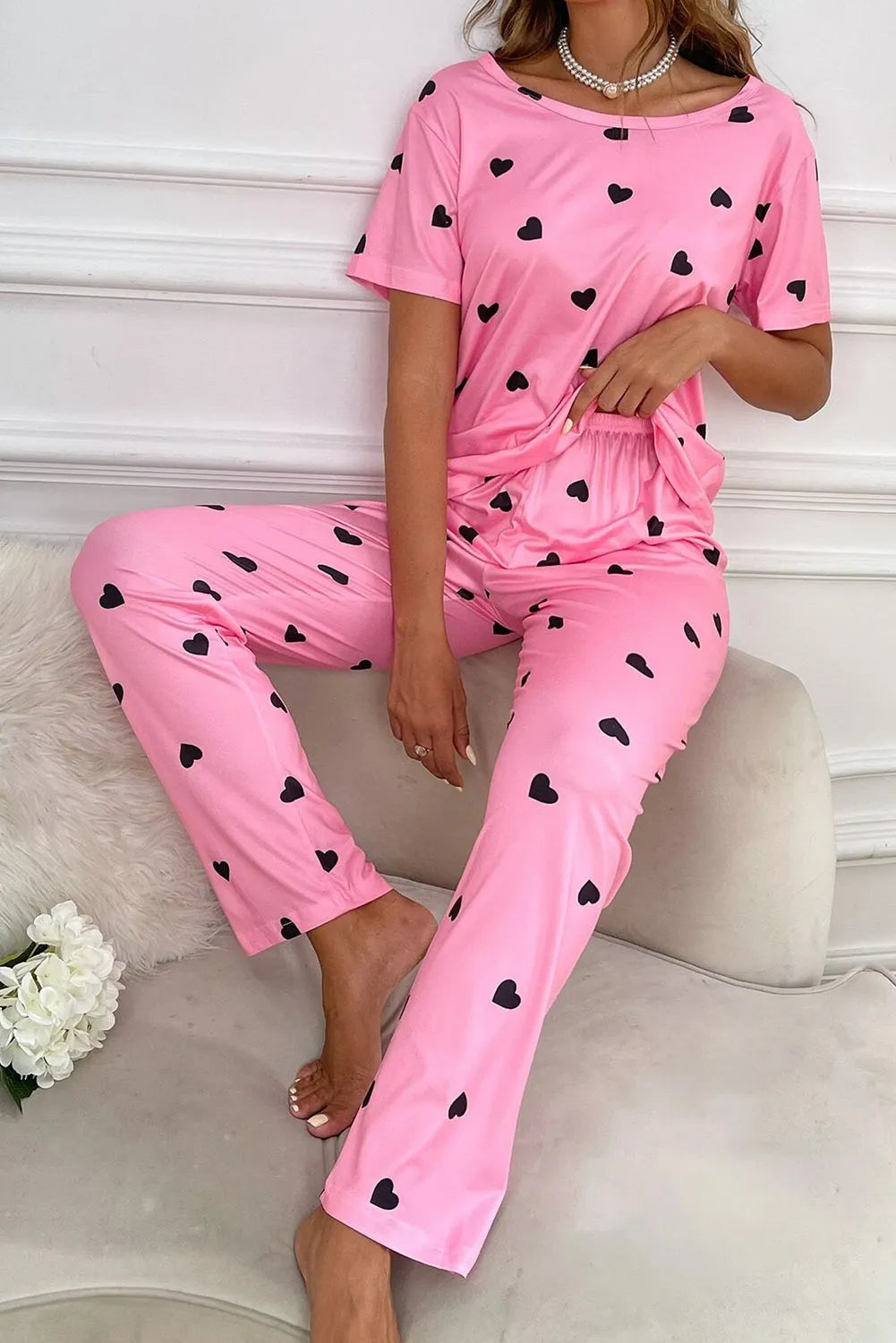 Pink Valentines Heart Print Tee and Pants Lounge Set Pink 95%Polyester+5%Elastane Loungewear & Sleepwear/Sleepwear - Tophatter Daily Deals