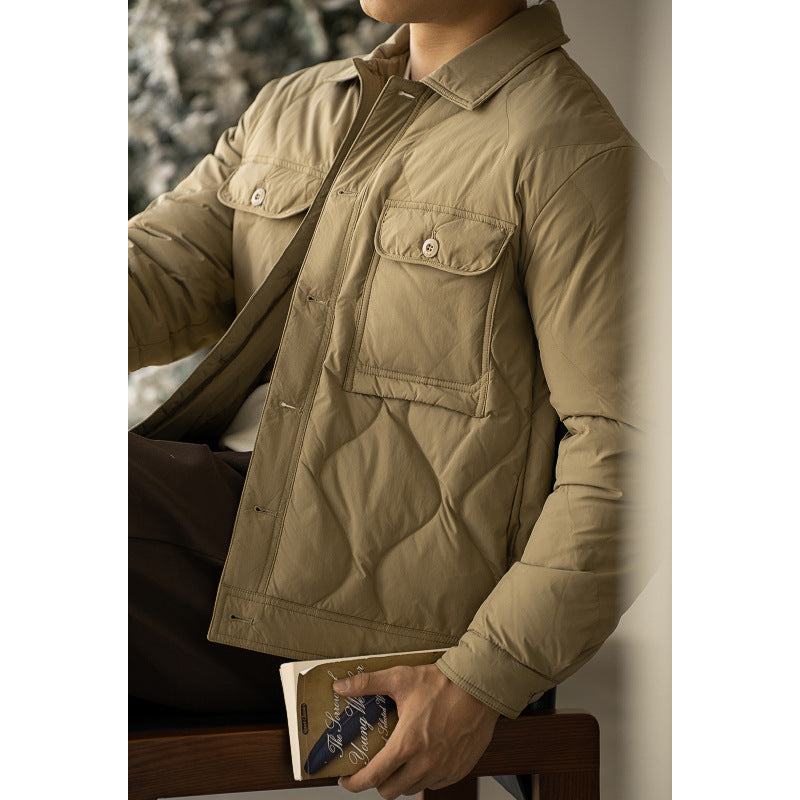 Lightweight Classic Men's Down Jacket - Lapel Shirt, Nylon Khaki 3D Changing Face Moving Picture Frame - Tophatter Daily Deals