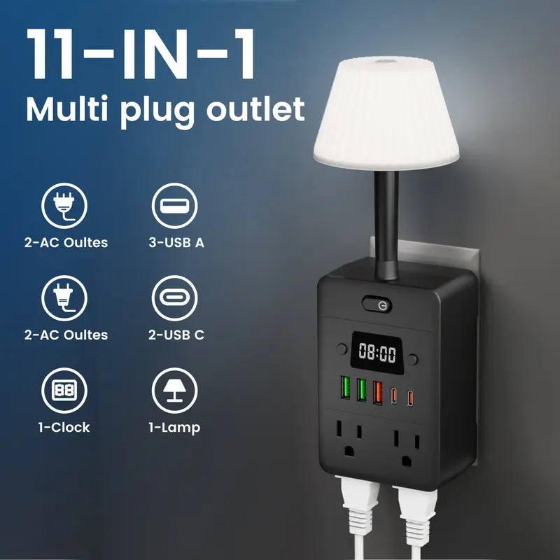 11-in-1 Multifunctional Power Strip with Desk Lamp, Clock, USB Ports & Surge Protection Black Electronics - Tophatter Daily Deals