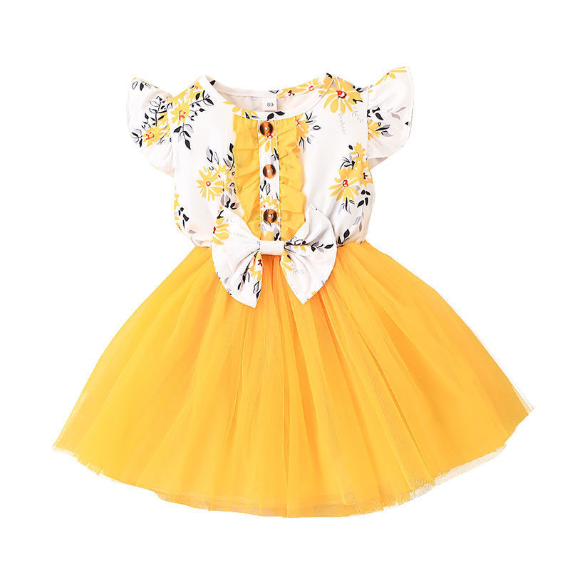 Baby Girl Printed Mesh Sweet And Cute Flying Sleeve Dress Children's Clothes Summer Skirt 0 - Tophatter Daily Deals