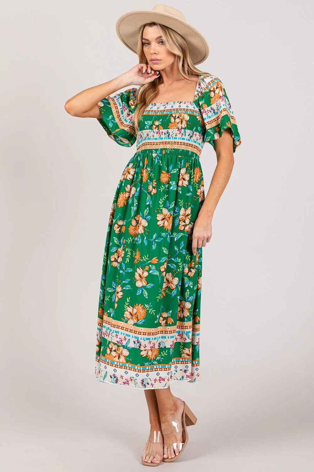 SAGE + FIG Printed Smocked Short Sleeve Midi Dress Casual Dresses - Tophatter Daily Deals