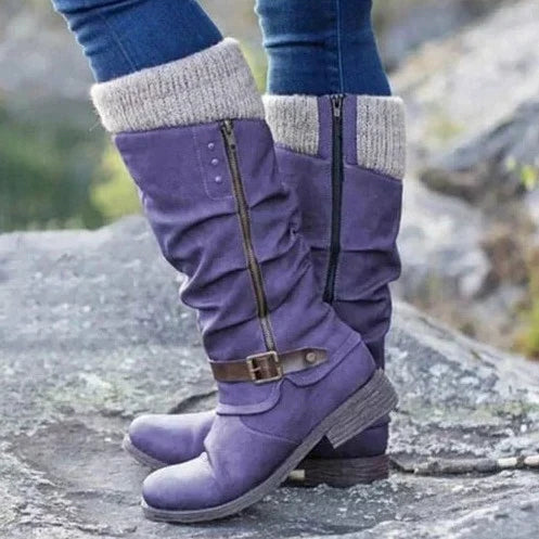 Warm Cozy Women Knee-High Boots - Buckle Knit Cuff, Suede Purple - Tophatter Daily Deals