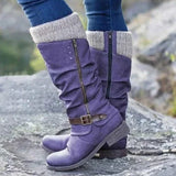 Warm Cozy Women Knee-High Boots - Buckle Knit Cuff, Suede Purple - Tophatter Daily Deals