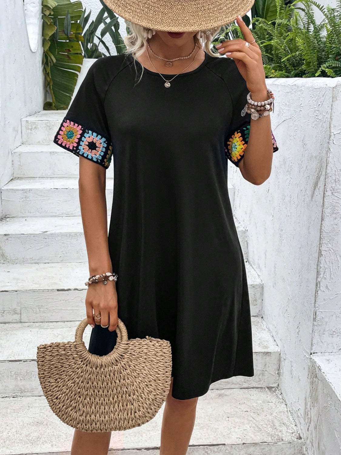 Embroidered Round Neck Short Sleeve Dress Casual Dresses - Tophatter Daily Deals