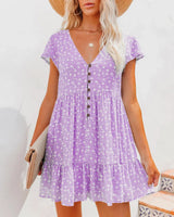 Printed V-Neck Buttoned Short Sleeve Mini Dress Lavender Casual Dresses - Tophatter Daily Deals