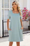 Pocketed Square Neck Short Sleeve Dress Casual Dresses - Tophatter Daily Deals