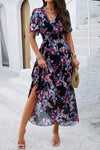 Smocked Floral V-Neck Short Sleeve Dress Casual Dresses - Tophatter Daily Deals