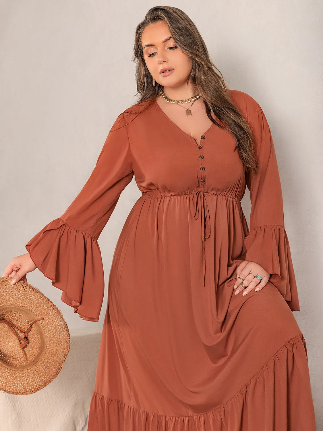 Plus Size V-Neck Flare Sleeve Maxi Dress Casual Dresses - Tophatter Daily Deals