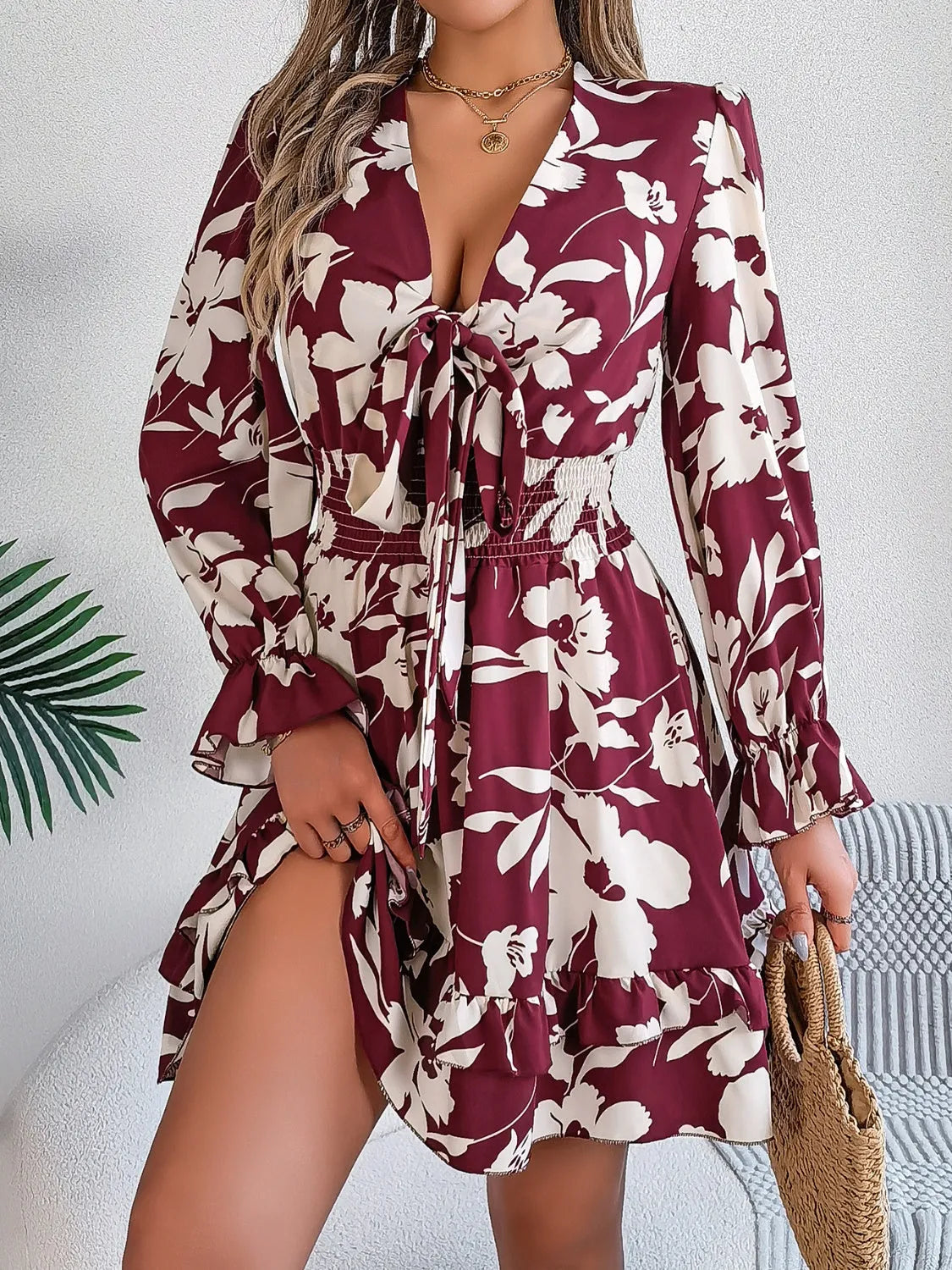 Tied Ruffled Printed Long Sleeve Dress Casual Dresses - Tophatter Daily Deals