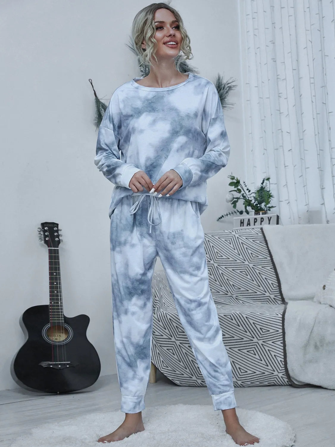 Tie-dye Round Neck Top and Drawstring Pants Lounge Set Cloudy Blue Loungewear Sets - Tophatter Daily Deals