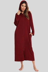 Zip Front Hooded Night Dress with Pockets Wine Sleep Dresses - Tophatter Daily Deals