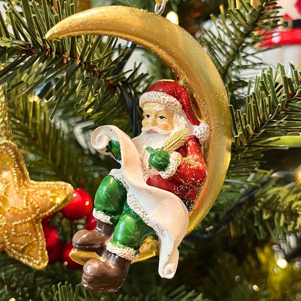 Santa on the Moon Bauble | Santa Claus Resin Christmas Tree Hanging Ornament 9cm Baubles - Tophatter Daily Deals