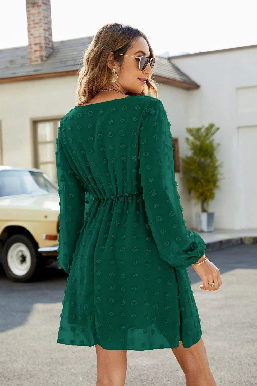 Swiss Dot V-Neck Lantern Sleeve Mini Dress Casual Dresses - Tophatter Daily Deals