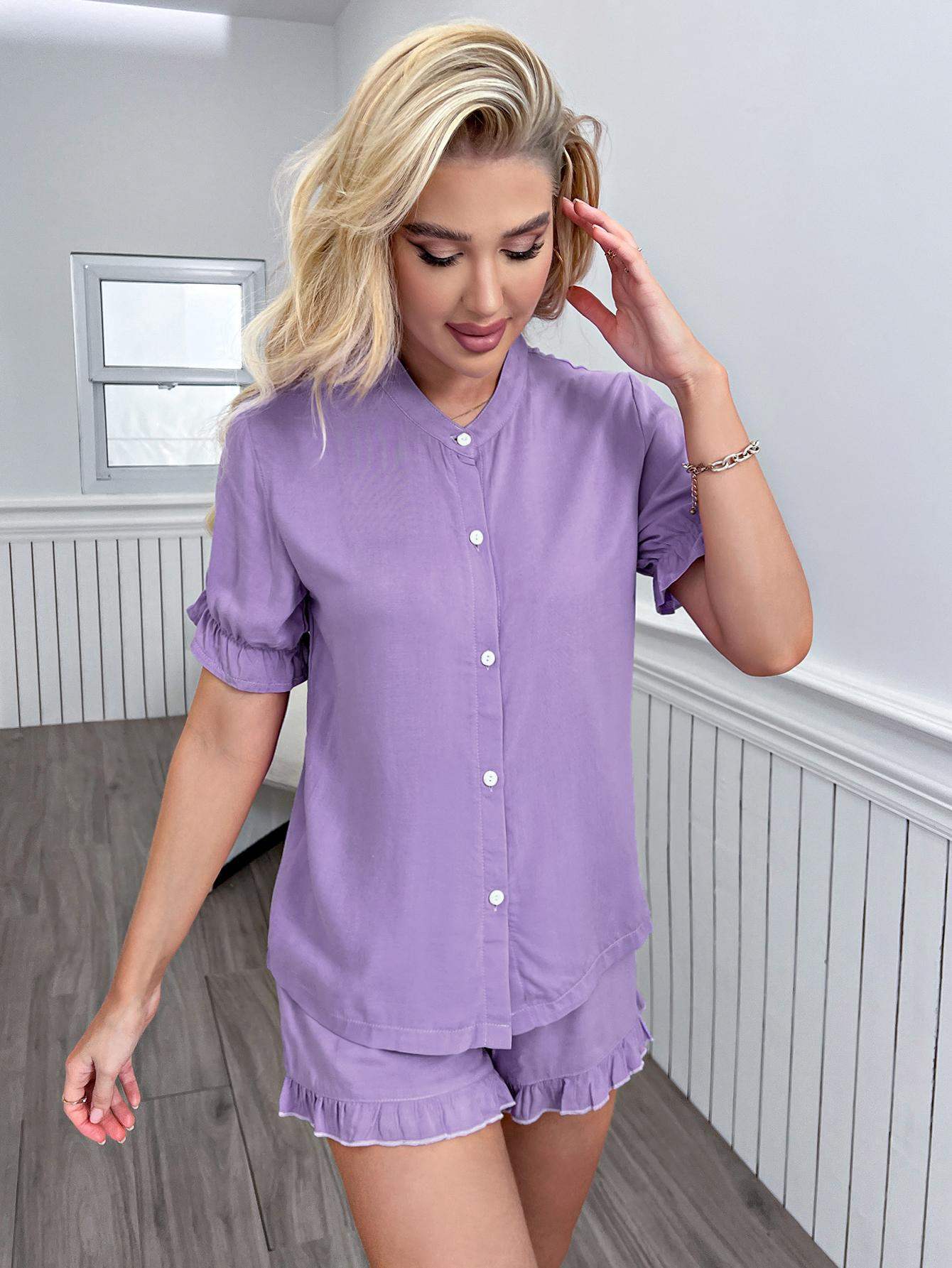 Flounce Sleeve Shirt and Frill Trim Shorts Lounge Set Loungewear Sets - Tophatter Daily Deals