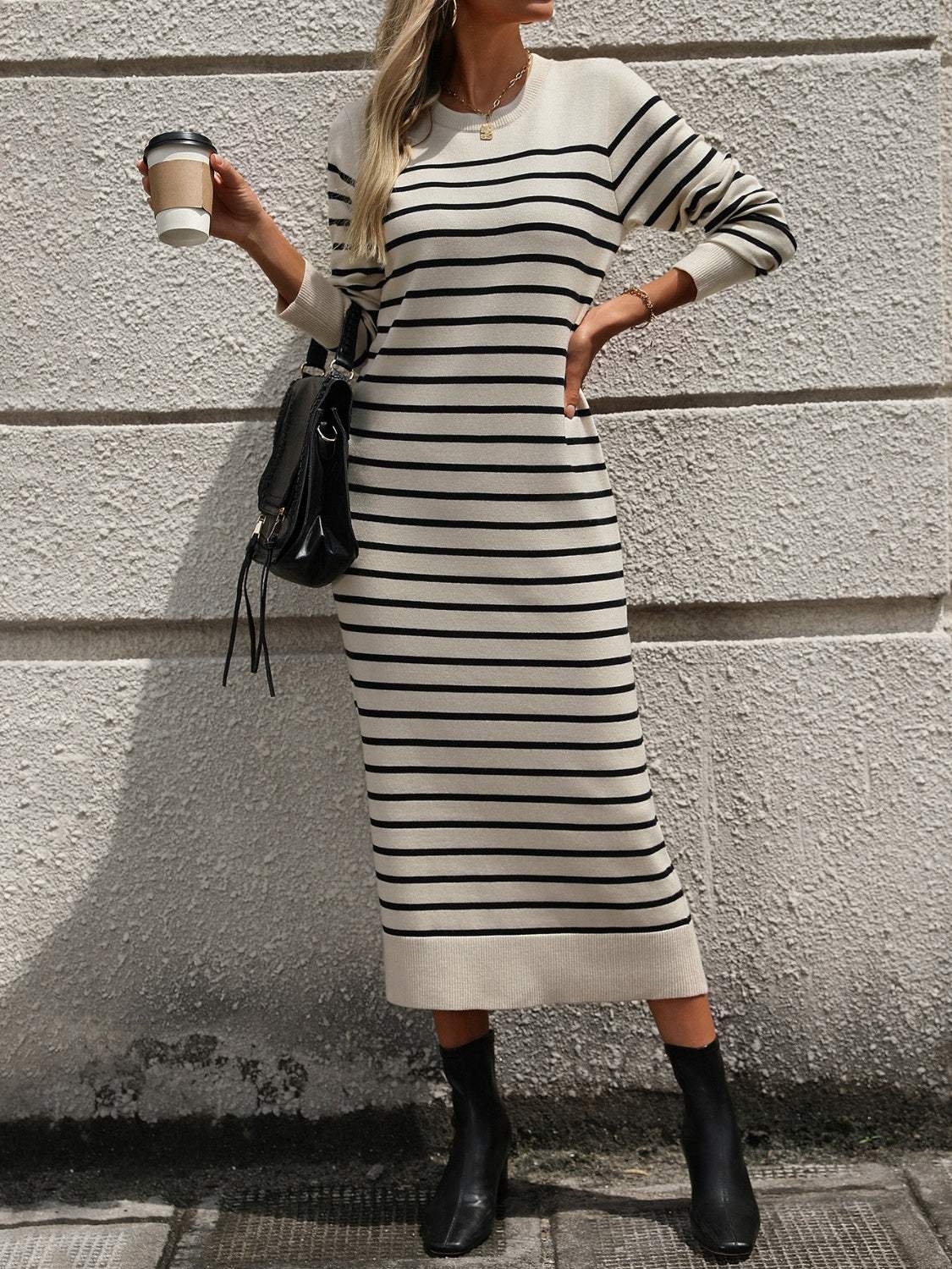 Striped Round Neck Long Sleeve Dress Casual Dresses - Tophatter Daily Deals