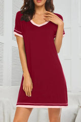 Contrast Trim Short Sleeve Lounge Dress Wine Sleep Dresses - Tophatter Daily Deals