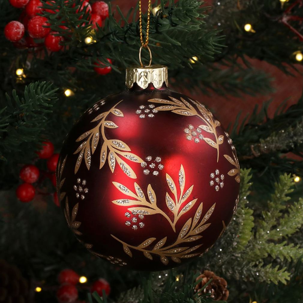 Matt Burgundy & Gold Christmas Bauble | Red Glass Christmas Tree Ornament - 8cm Baubles - Tophatter Daily Deals