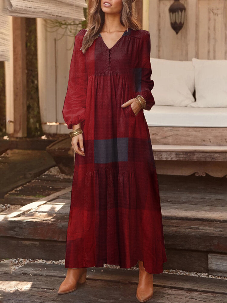 Casual Plaid Notch Neck Long Sleeve Vintage Pocket Women Maxi Dress Wine Red Maxi Dresses - Tophatter Daily Deals