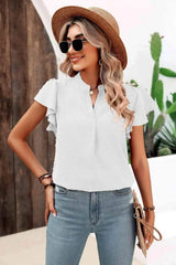 Swiss Dot Flutter Sleeve Notched Neck Blouse White Blouses - Tophatter Daily Deals