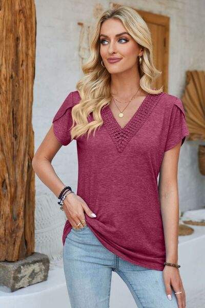 V-Neck Petal Sleeve T-Shirt Cerise Women's T-Shirts - Tophatter Daily Deals