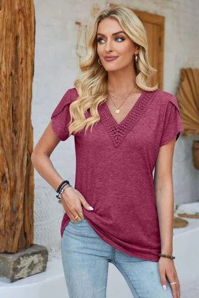 V-Neck Petal Sleeve T-Shirt Cerise Women's T-Shirts - Tophatter Daily Deals