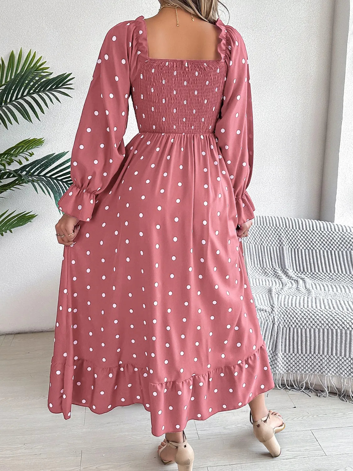 Polka Dot Flounce Sleeve Midi Dress Casual Dresses - Tophatter Daily Deals