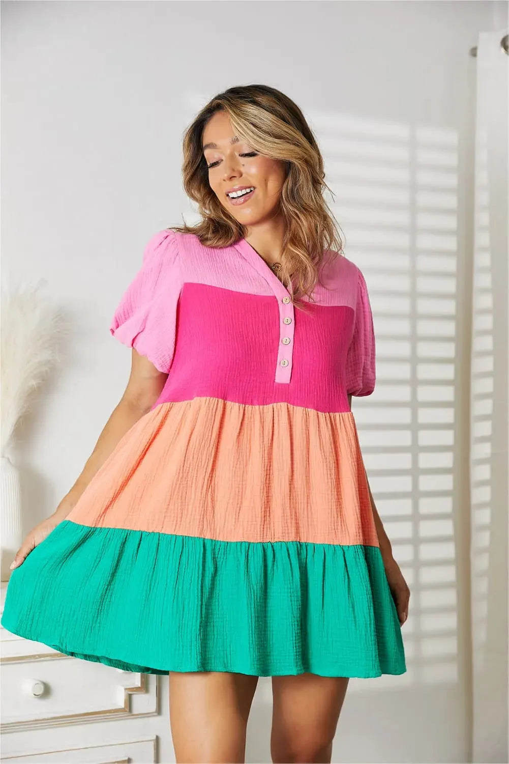 Double Take Color Block Buttoned Puff Sleeve Dress Casual Dresses - Tophatter Daily Deals