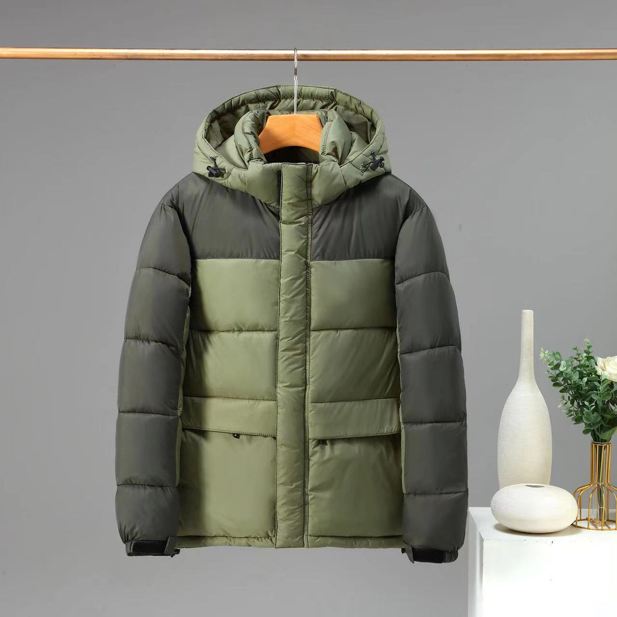 Warm Unisex Short Jacket - Boxy Hooded, Cotton Filled Olive Green 3D Changing Face Moving Picture Frame - Tophatter Daily Deals