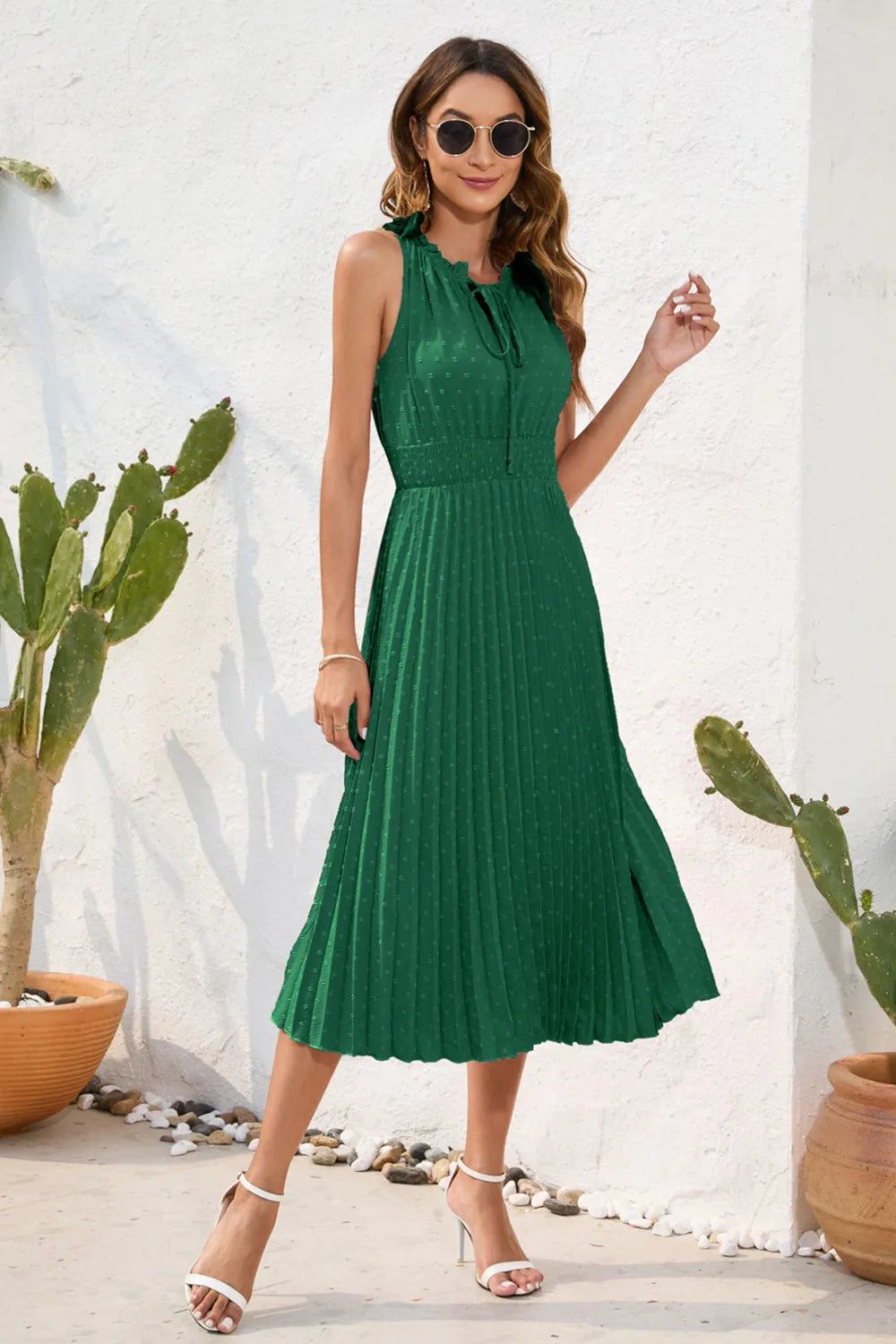 Swiss Dot Tie Neck Sleeveless Dress Green Casual Dresses - Tophatter Daily Deals