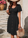 Decorative Button Scoop Neck Short Sleeve Dress Black Casual Dresses - Tophatter Daily Deals