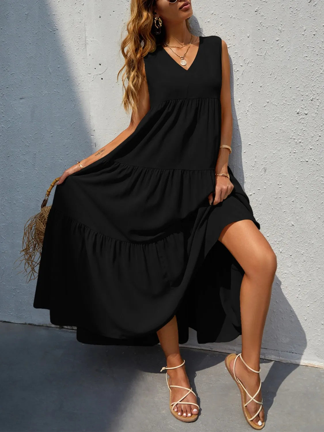 Tiered V-Neck Sleeve Dress Casual Dresses - Tophatter Daily Deals