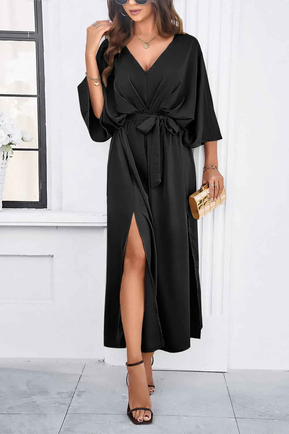 Slit Tied V-Neck Three-Quarter Sleeve Dress Casual Dresses - Tophatter Daily Deals