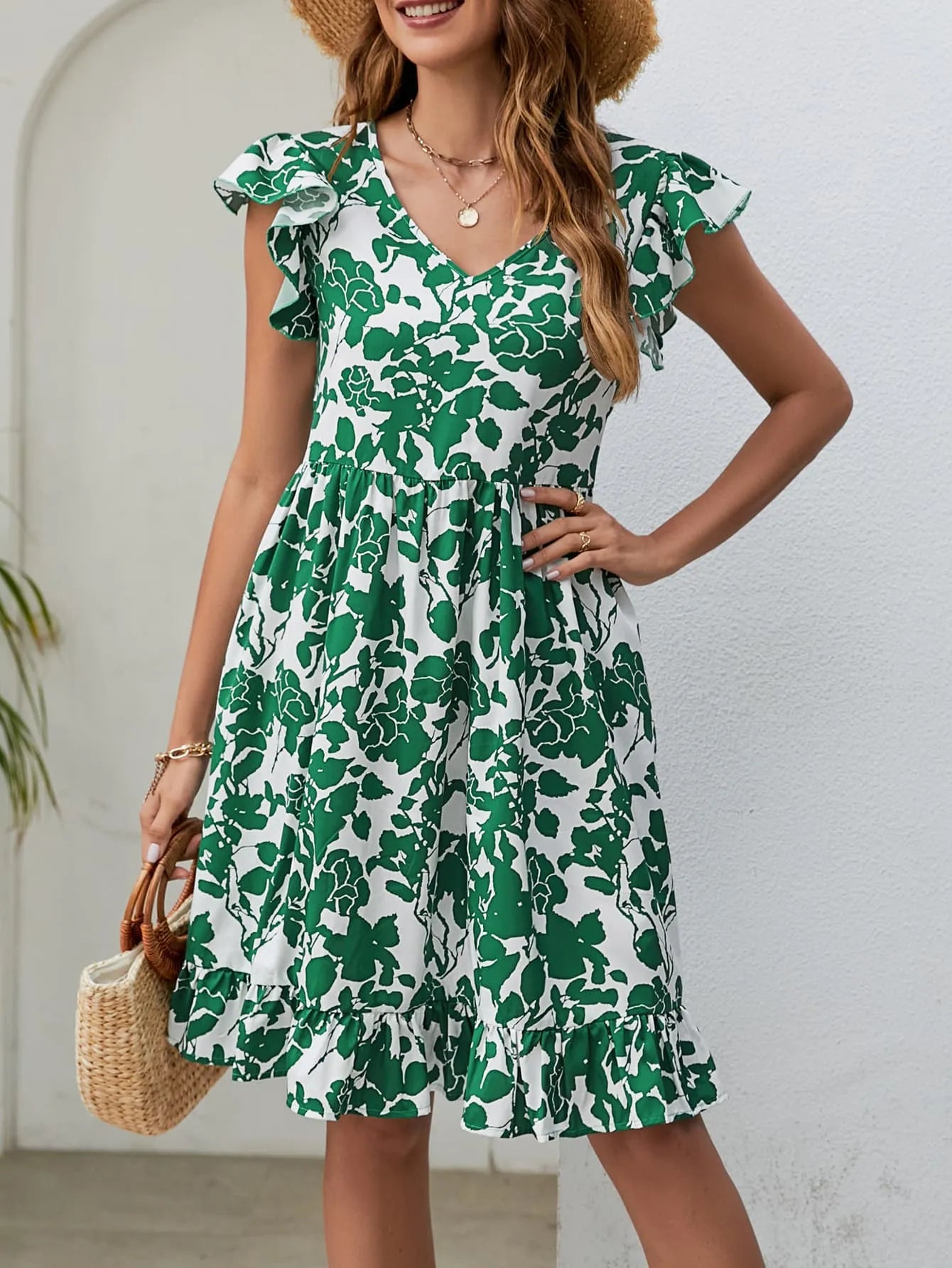 Floral V-Neck Flutter Sleeve Dress Mid Green Casual Dresses - Tophatter Daily Deals