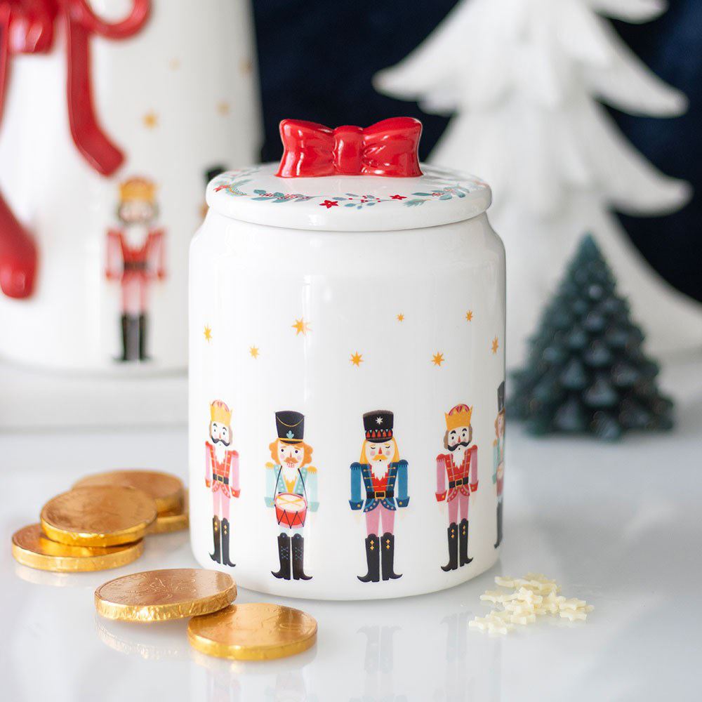 Ceramic Nutcracker Christmas Jar with Red Bow Lid | Festive Biscuit Barrel 15cm Jar - Tophatter Daily Deals
