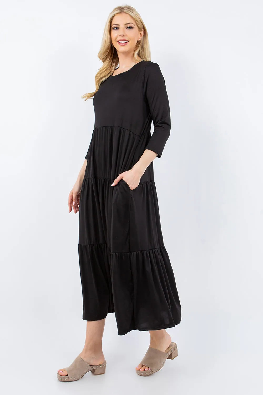 Celeste Full Size Tiered Midi Dress with Pockets Casual Dresses - Tophatter Daily Deals