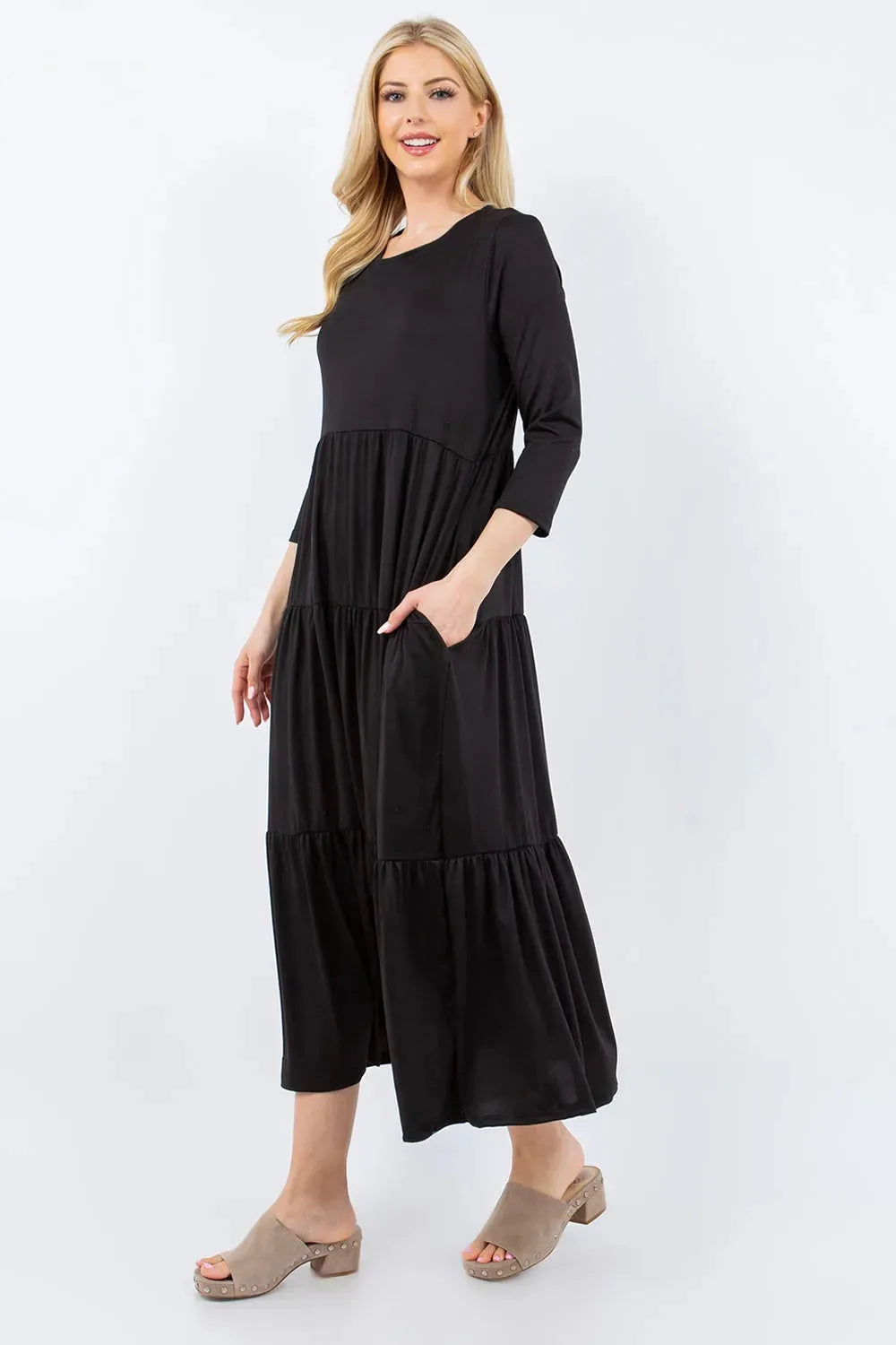 Celeste Full Size Tiered Midi Dress with Pockets Casual Dresses - Tophatter Daily Deals