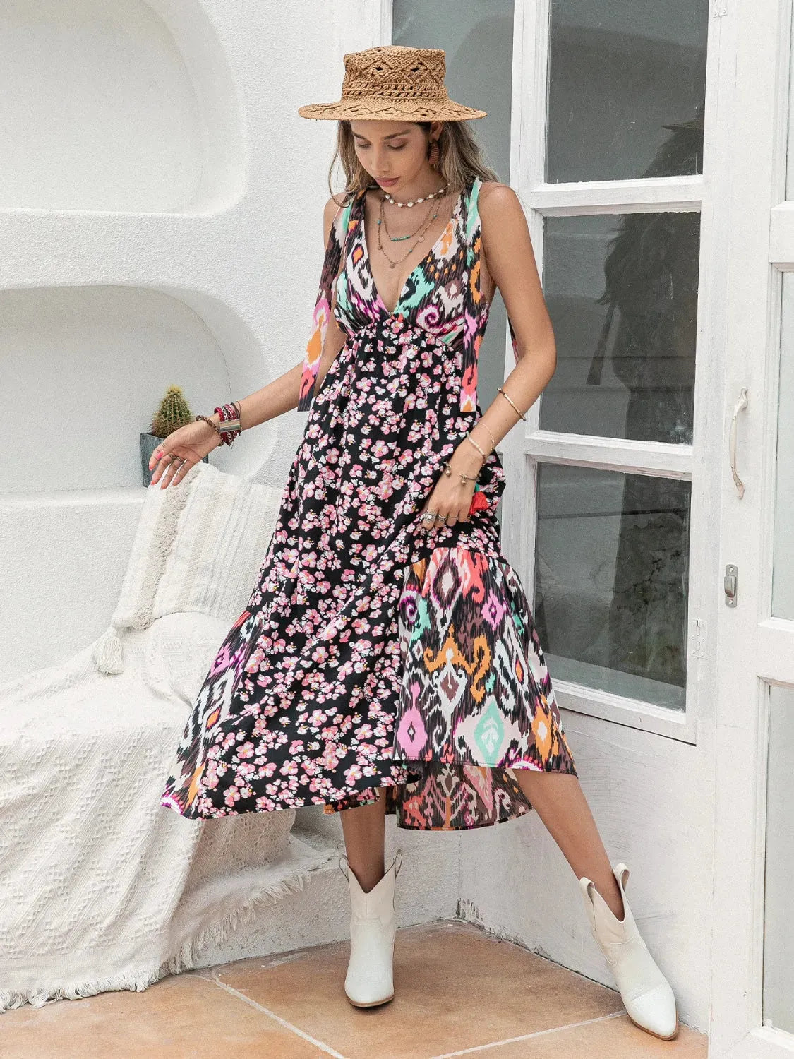 Printed Plunge Sleeveless Midi Dress Black Casual Dresses - Tophatter Daily Deals