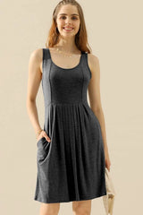 Doublju Full Size Round Neck Ruched Sleeveless Dress with Pockets Cocktail Dresses - Tophatter Daily Deals