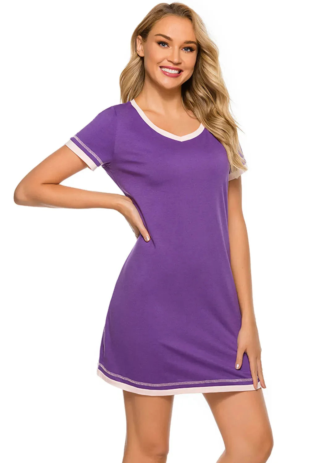 Contrast Trim Short Sleeve Lounge Dress Sleep Dresses - Tophatter Daily Deals