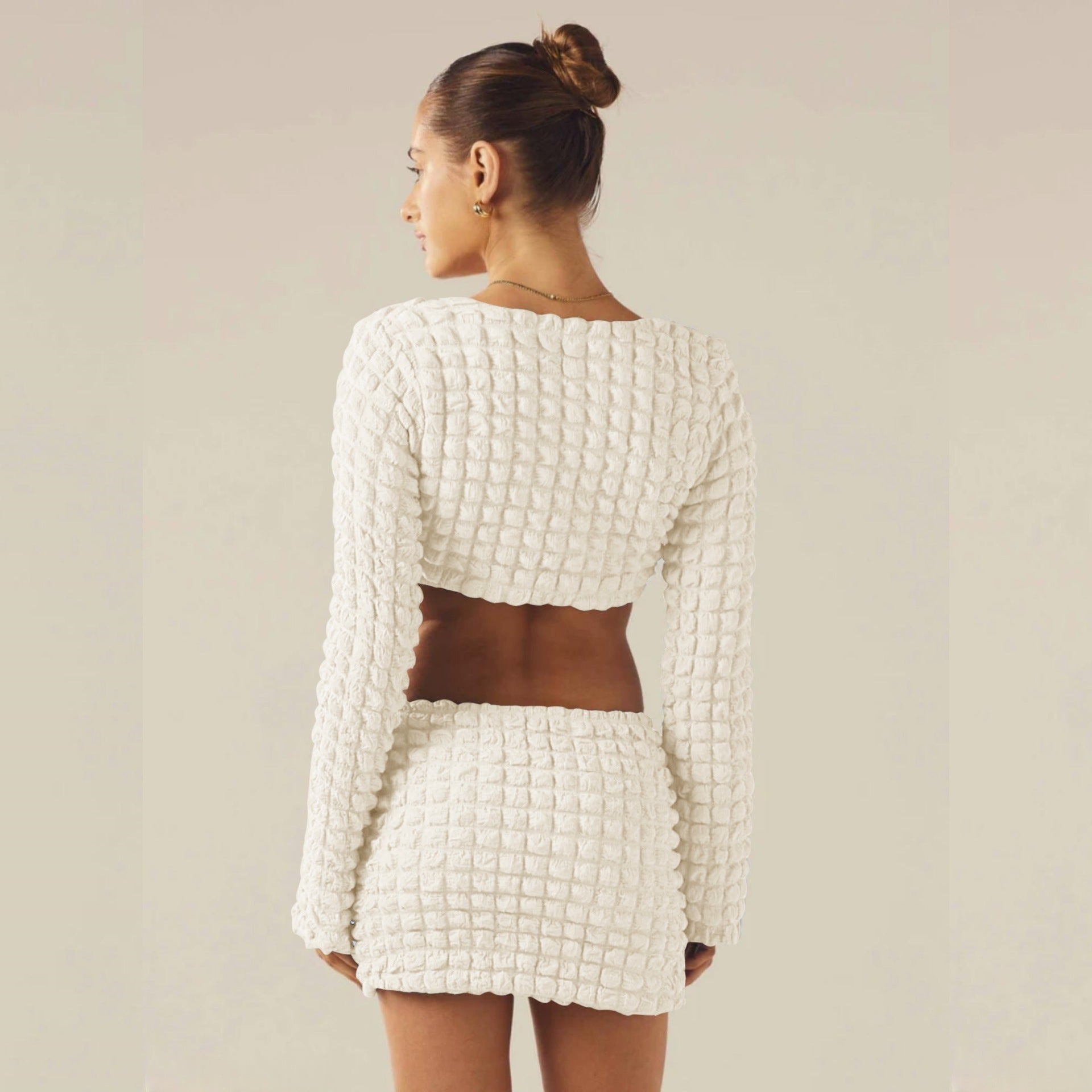 Bubble Plaid Twisted Sexy Hot Girl Long Sleeve Short Dress Two-piece Set 0 - Tophatter Daily Deals