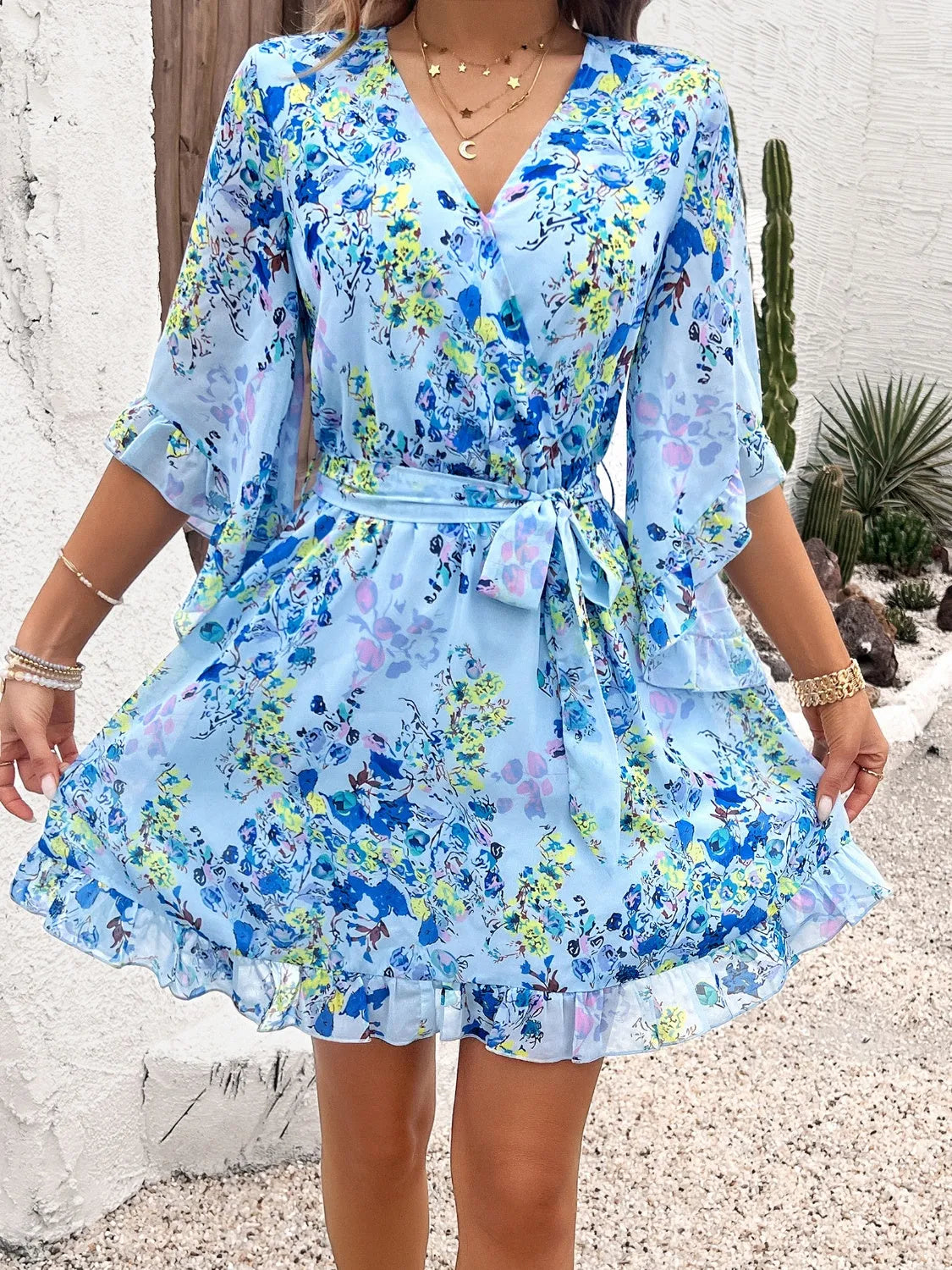 Ruffled Printed Surplice Half Sleeve Mini Dress Casual Dresses - Tophatter Daily Deals