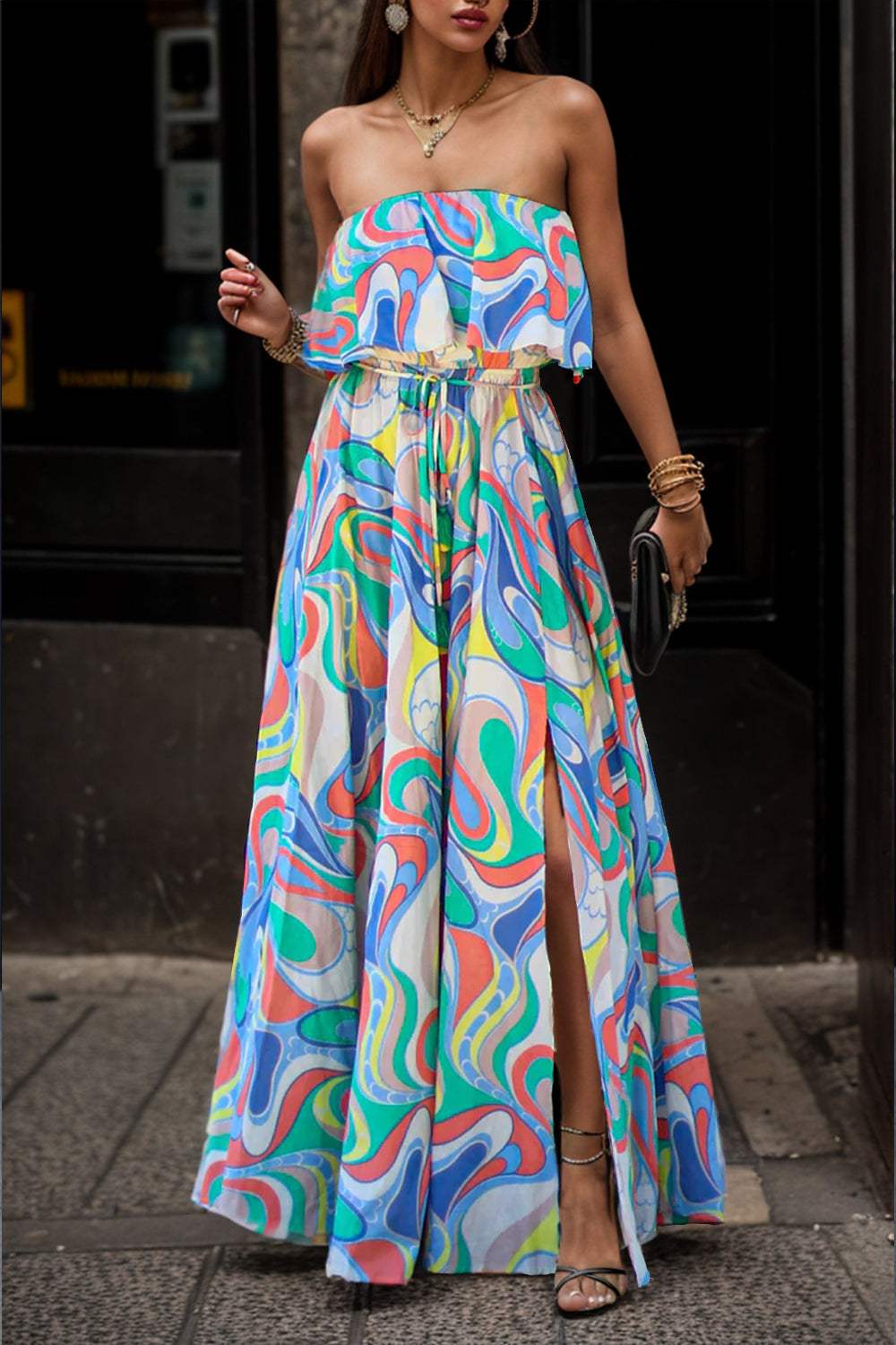 Slit Printed Tube Maxi Dress Multicolor Casual Dresses - Tophatter Daily Deals