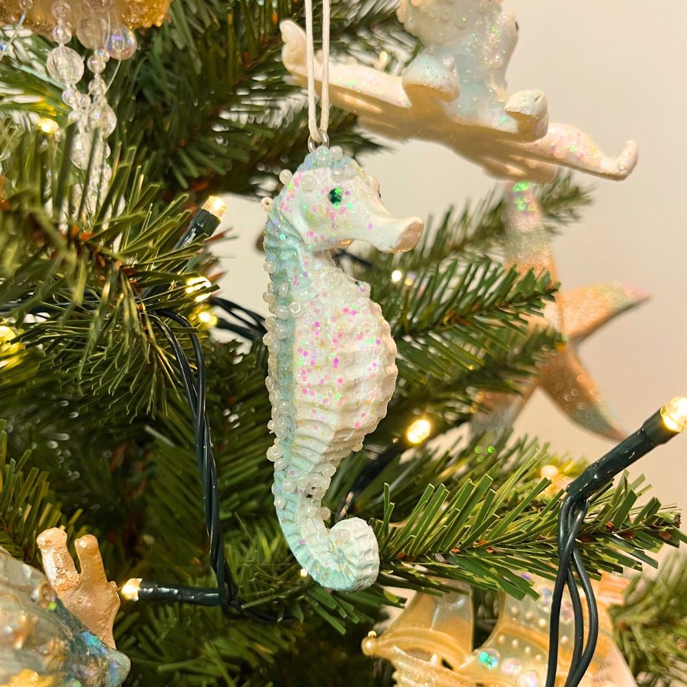 Pale Blue Seahorse Christmas Bauble | Resin Sea Creature Tree Ornament - 9cm Baubles - Tophatter Daily Deals