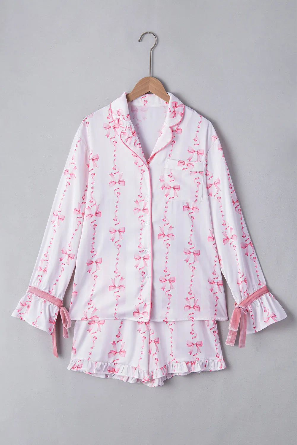 Pink Satin Bow Bell Sleeve Shirt and Ruffled Shorts Pajama Set Loungewear & Sleepwear/Sleepwear - Tophatter Daily Deals