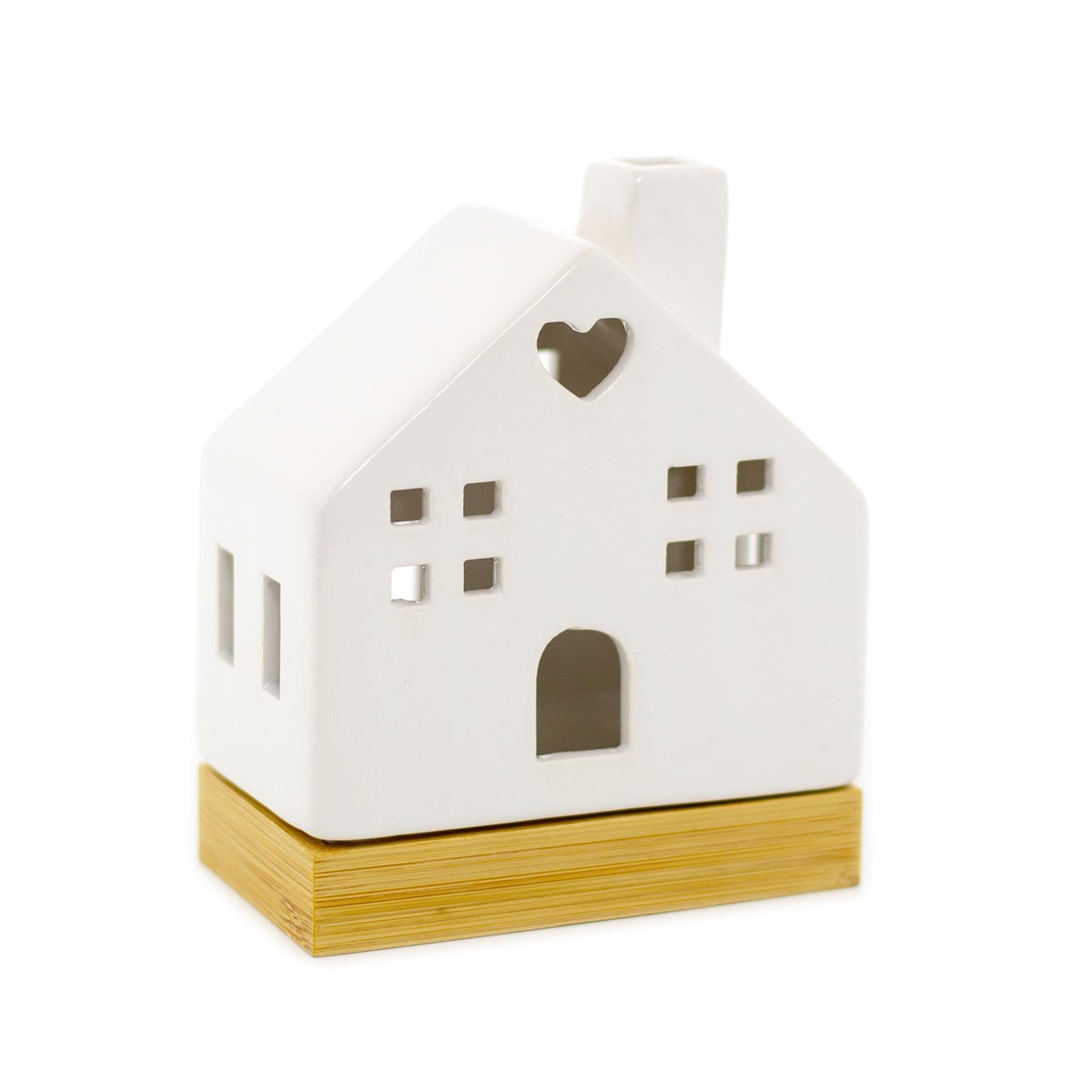 White Ceramic LED Christmas House Ornament On Bamboo Base | Light up Decoration Ornament - Tophatter Daily Deals