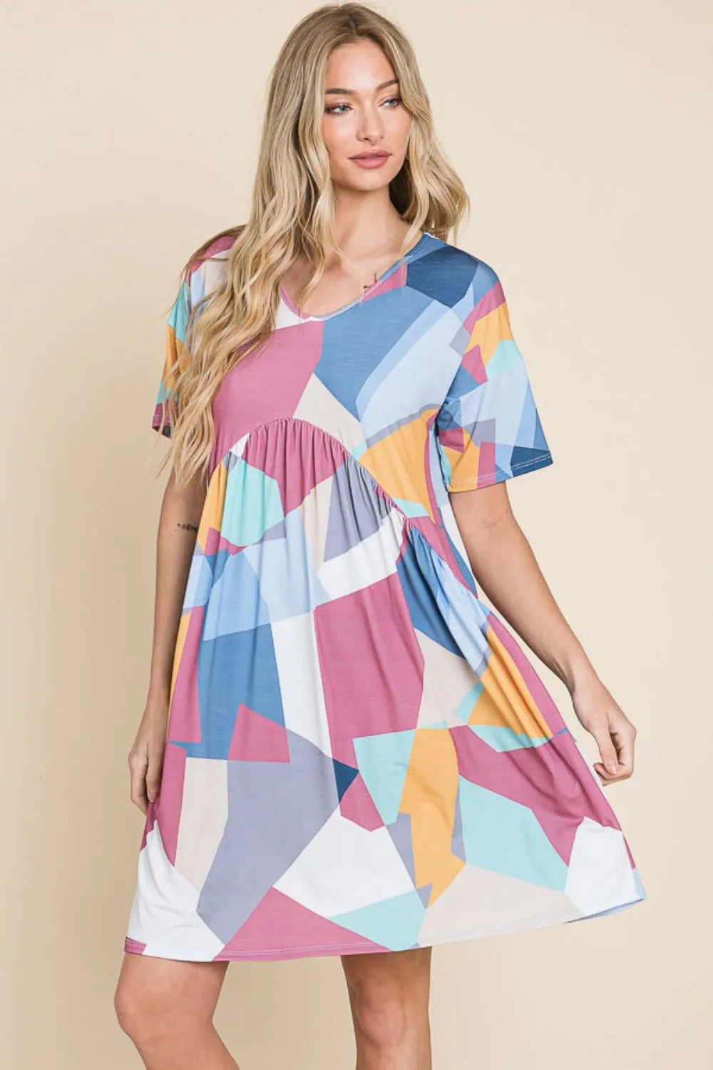 BOMBOM Ruched Color Block Short Sleeve Dress Multicolor Casual Dresses - Tophatter Daily Deals