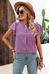 Swiss Dot Flutter Sleeve Notched Neck Blouse Lavender Blouses - Tophatter Daily Deals