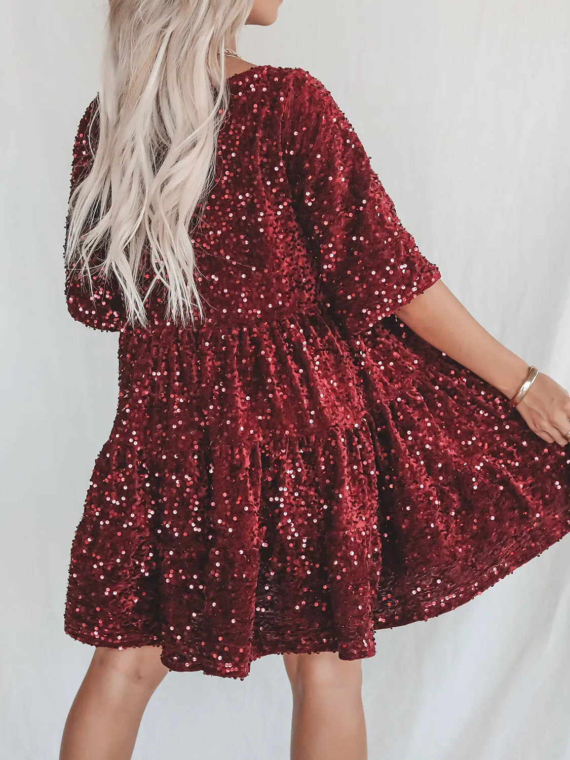 Full Size Sequin Round Neck Half Sleeve Mini Dress Casual Dresses - Tophatter Daily Deals