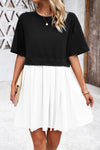 Round Neck Dropped Shoulder Mini Dress Black White Casual Dresses - Tophatter Daily Deals